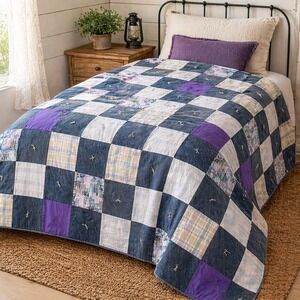 Handmade Denim Patchwork Quilt 92x88 Full Queen Rustic Farmhouse Purple